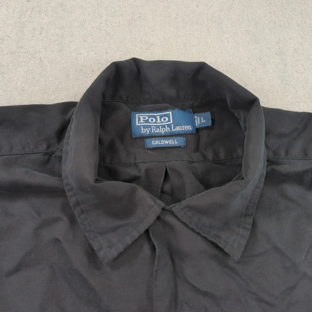 Vintage Polo Ralph Lauren Shirt Mens Large Black Caldwell Loop Collar Silk Linen
